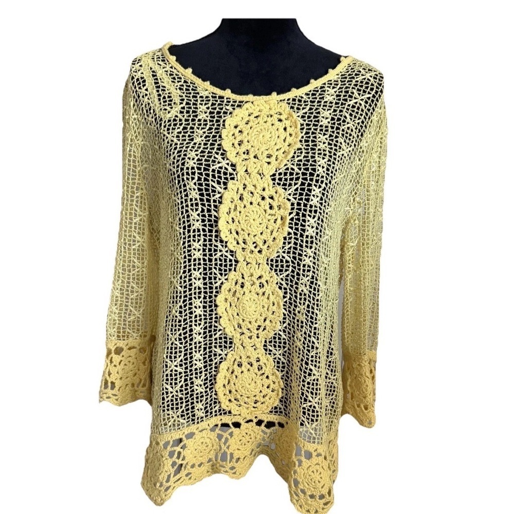 Lisa International Sweater Tunic Womens XL Crochet Bell Sleeve Boho Resort Beach